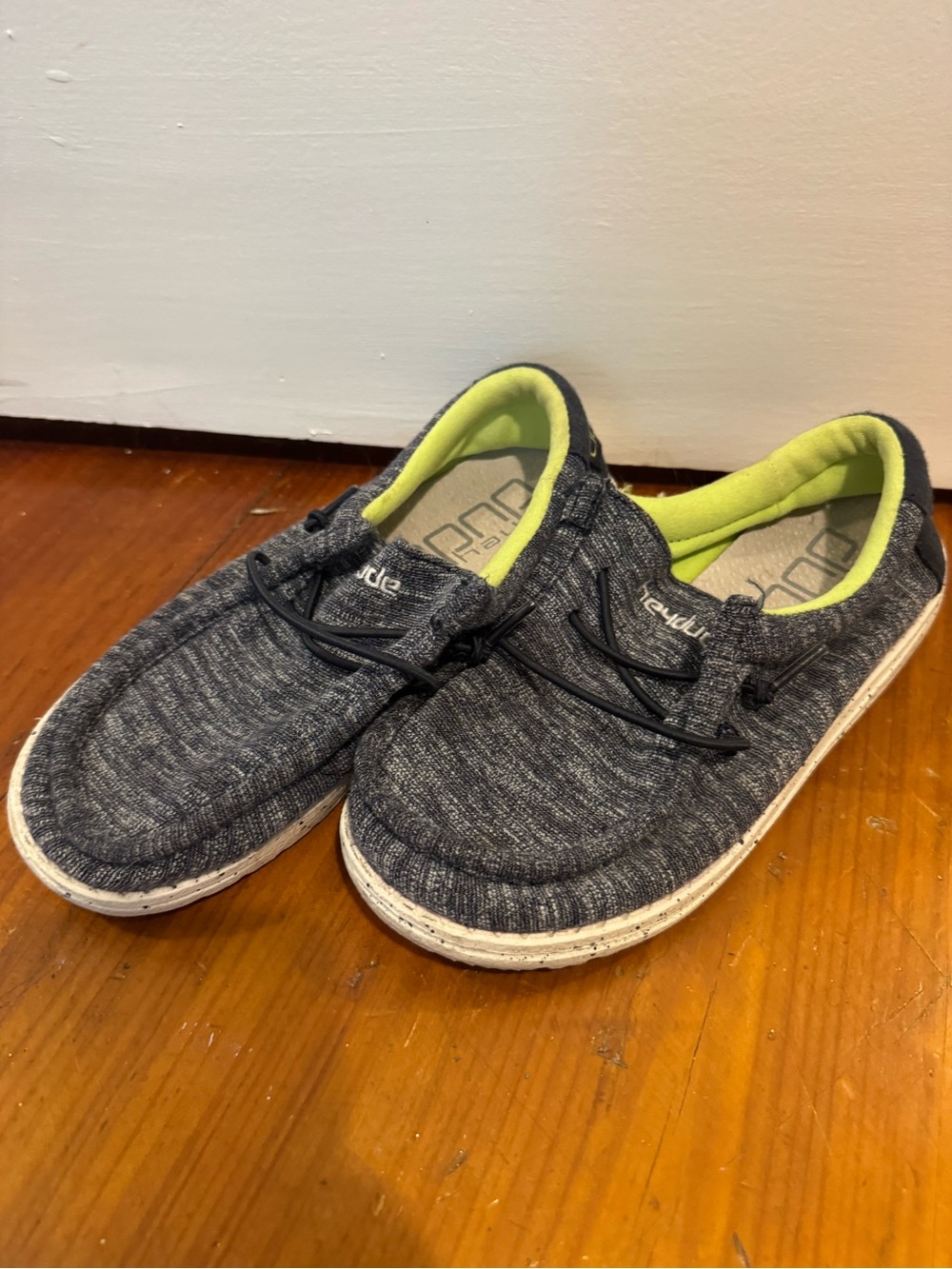 Hey Dude Kids Slip-On Knit Shoes in Dark Gray with Lime Interior